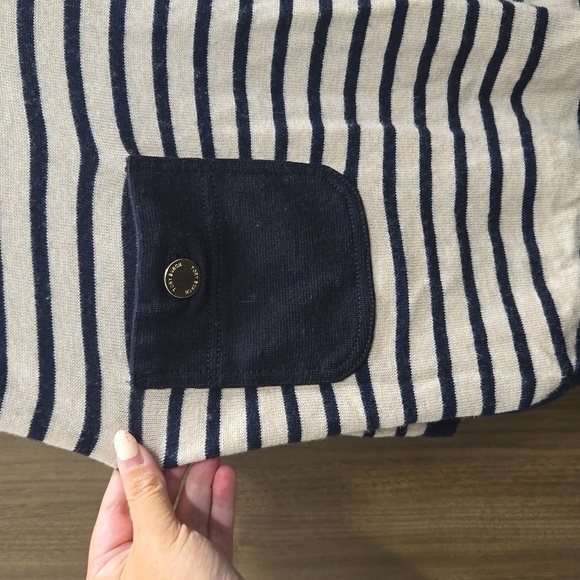 TORY BURCH-Odessa Pullover Sweater Stripe Long Sleeve Tan Navy Blue-Size Medium - Picture 11 of 17